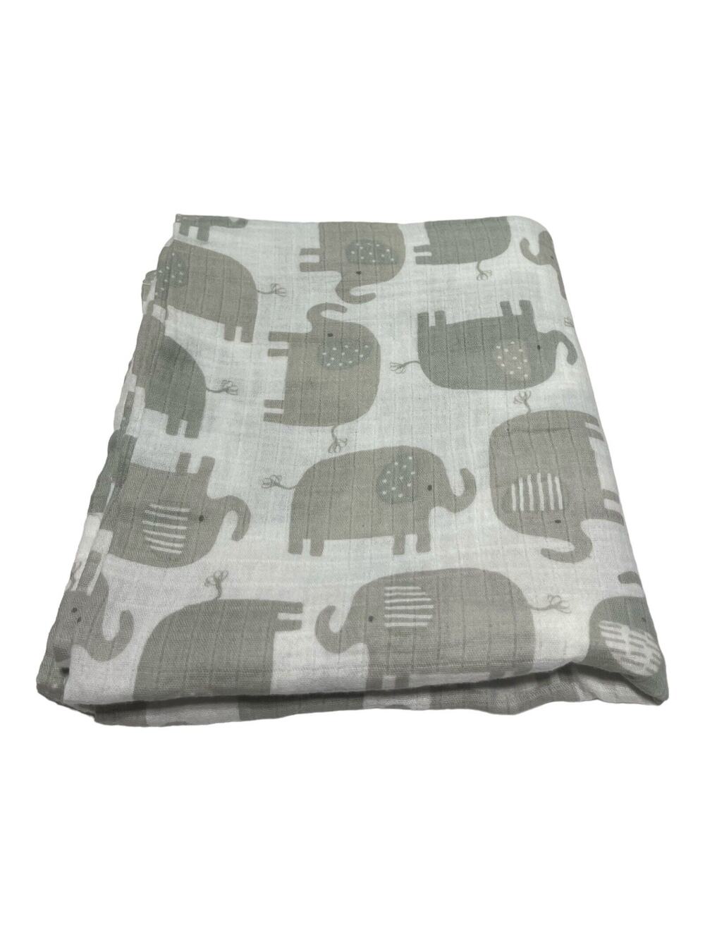 Le Petit Gray White Elephant Muslin Swaddle Baby Blanket 100% Cotton